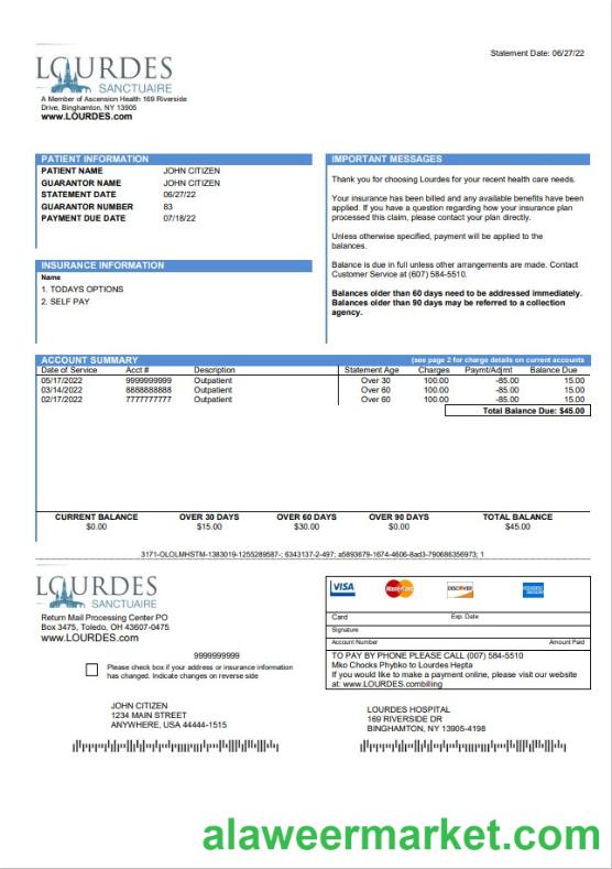 USA Lourdes utility bill template in Word and PDF format